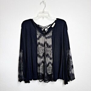 Entro Lattice Back Whimsigoth Lace Bell Sleeve Relaxed Top Black Women S